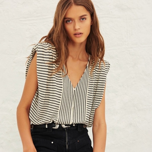 ba&sh Knit Sleeveless Shoulder Pads Top Vest Cardigan Lony Ecru & Navy Size M - Picture 3 of 10